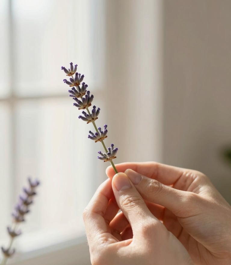 Soft close-up of hands holding a delicate lavender sprig in warm morning light, shallow depth of field, 35mm