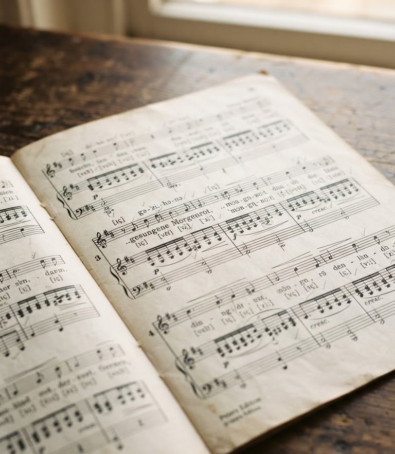 Overhead macro flat-lay of classical German lieder sheet music with light pencil IPA annotations, soft warm window light, shallow depth of field