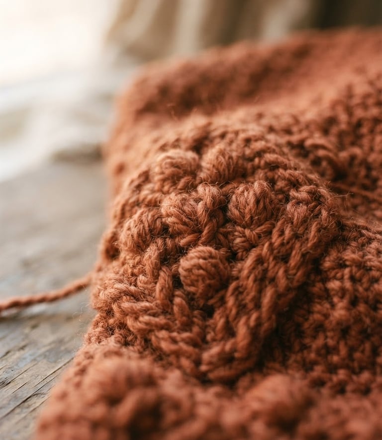 Macro detail of a modern terracotta crochet stitch pattern, soft morning window light, shallow depth of field, highlighting the organic fiber texture