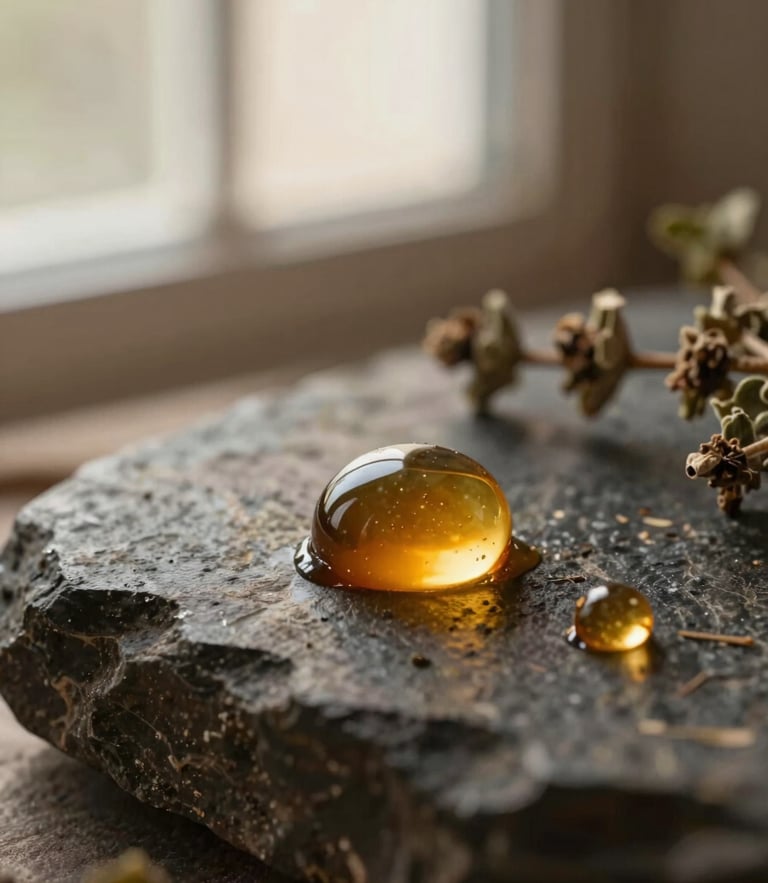Macro close-up of rich amber oil droplets on a textured dark stone, soft warm directional window light, herbal botanical aesthetic
