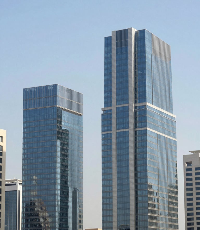 A crisp, bright architectural shot of modern glass office buildings in Dubai's Business Bay district, clean daylight, sharp focus, slate blue sky