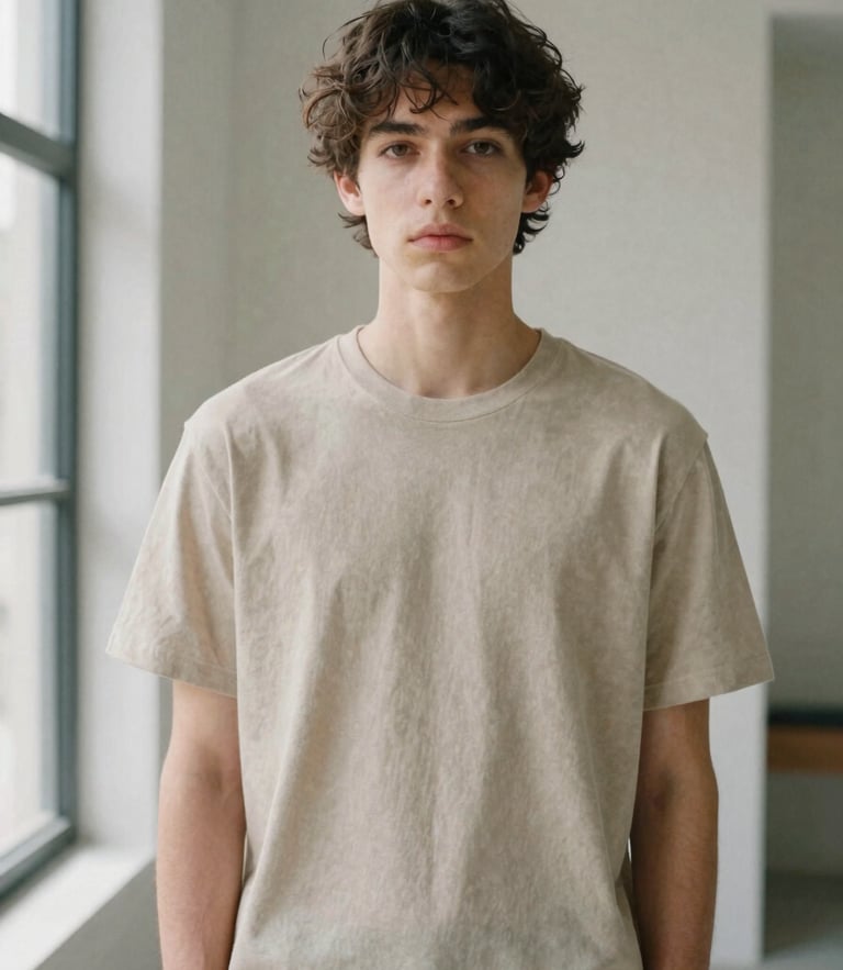 Minimalist fashion portrait, model in a beige organic cotton tee, soft natural window light, muted neutral tones, clean architectural background, 35mm film