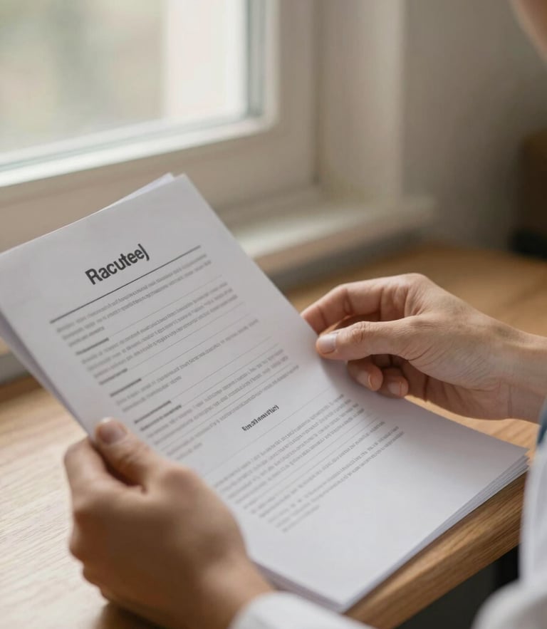 A close-up of hands reviewing medical documents under warm, natural window light, soft and comforting tones, shallow depth of field.