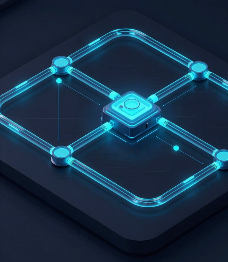 Isometric high-fidelity UI mockup of a dark mode business operating dashboard, sharp electric-cyan data pipelines, glowing node connections on a deep obsidian background