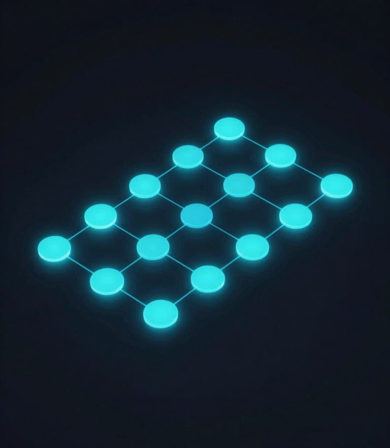 A high-fidelity minimalist UI mockup of an automation workflow diagram, glowing electric-cyan nodes connected by thin lines on a deep obsidian background, low-key lighting