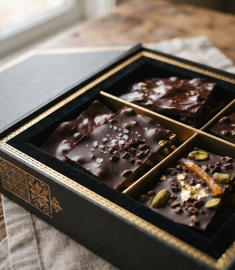 Close-up shot of a luxury chocolate gift box with gold foil lettering, soft window light highlighting the rich texture of hand-tempered chocolate slabs inside