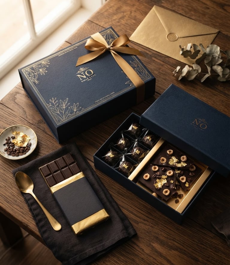 Overhead flat-lay of luxury custom corporate gift boxes, gold foil branding, dark chocolate slabs, warm directional window light, rich editorial photography