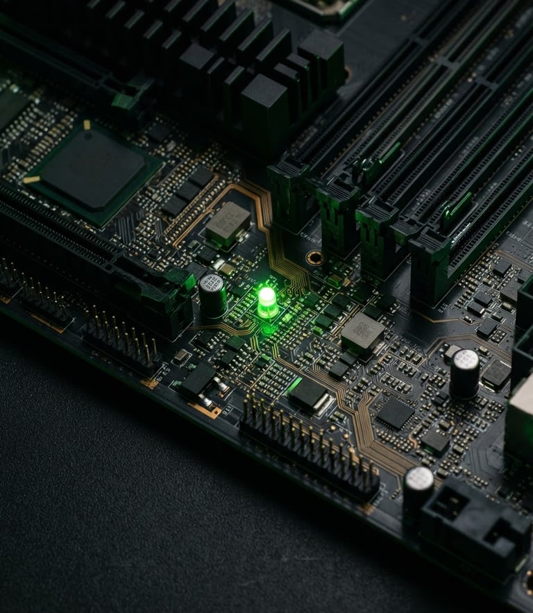 Sleek macro shot of a server motherboard, pristine circuits, neon green diagnostic LED glowing in high-contrast dark studio lighting