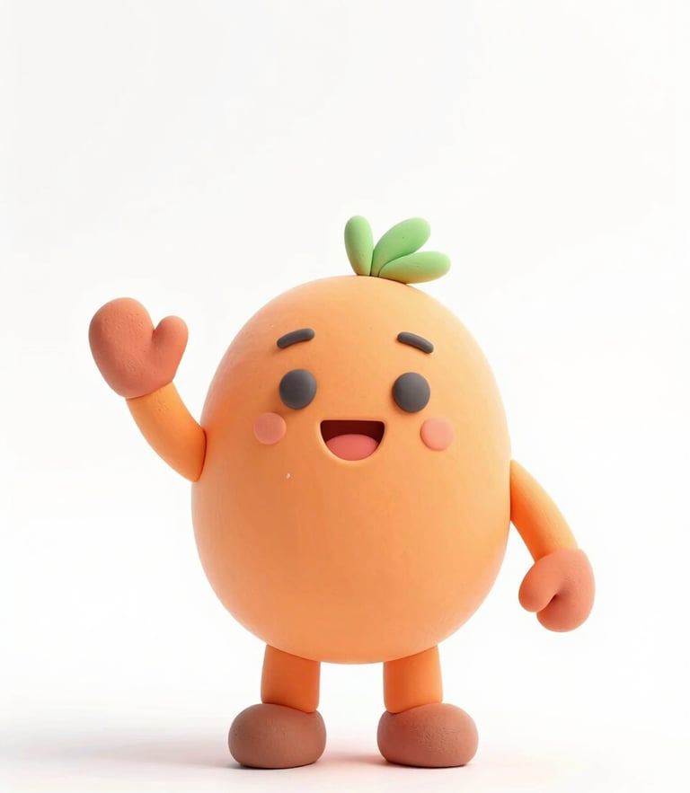 Playful 3D claymation illustration of a friendly orange mascot waving cheerfully, bright cheerful ambient lighting, soft pastel colors, clean white background