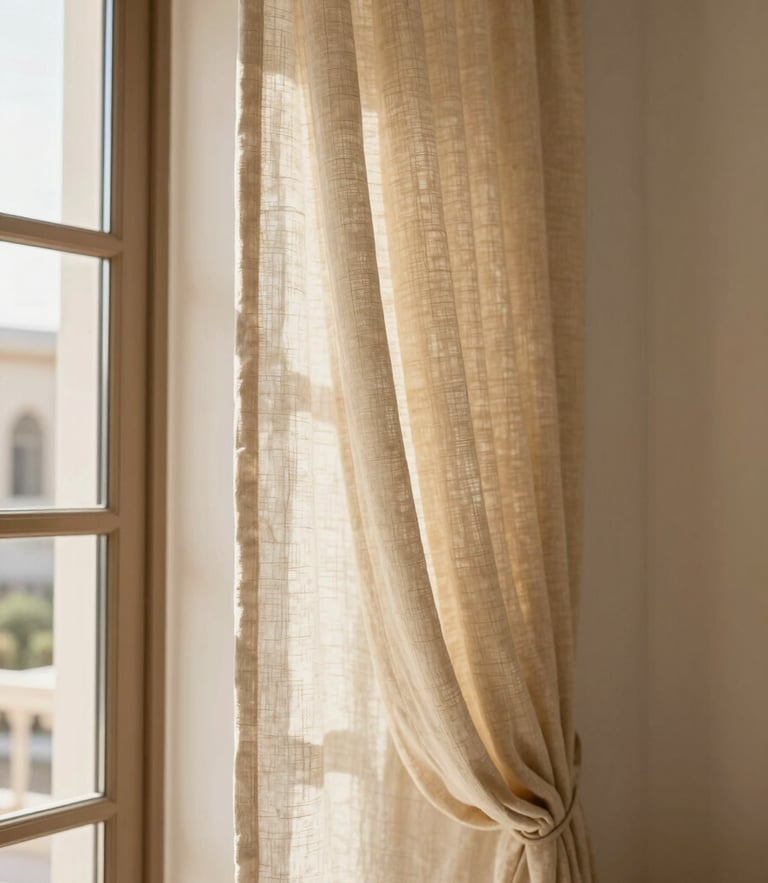 Warm editorial interior photography, close-up of premium linen drapery catching bright natural sunlight in a Riyadh villa, elegant architectural folds, 35mm