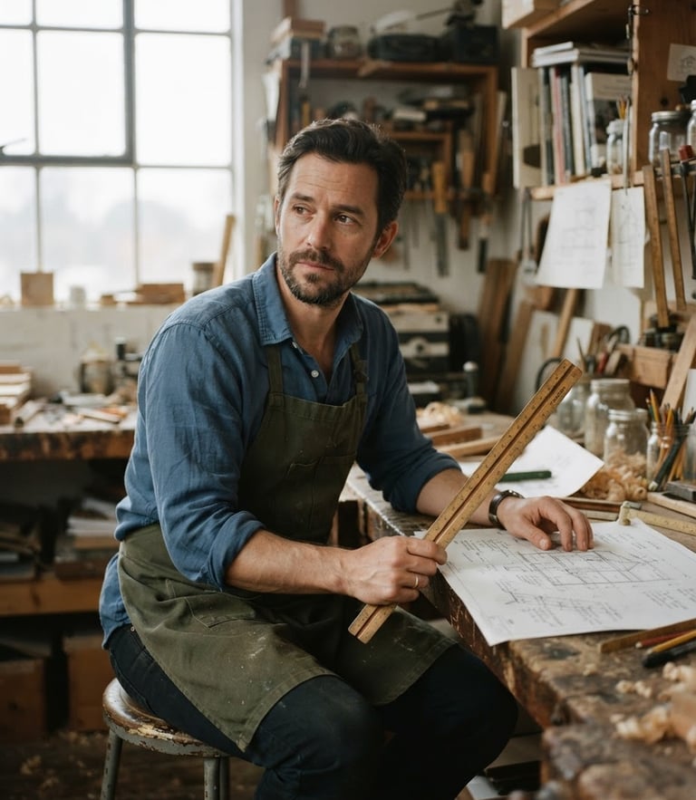 A thoughtful man in his late 30s sitting in a sunlit workshop, holding a wooden drafting ruler, soft overcast light through a window, muted earth tones, 35mm film aesthetic.