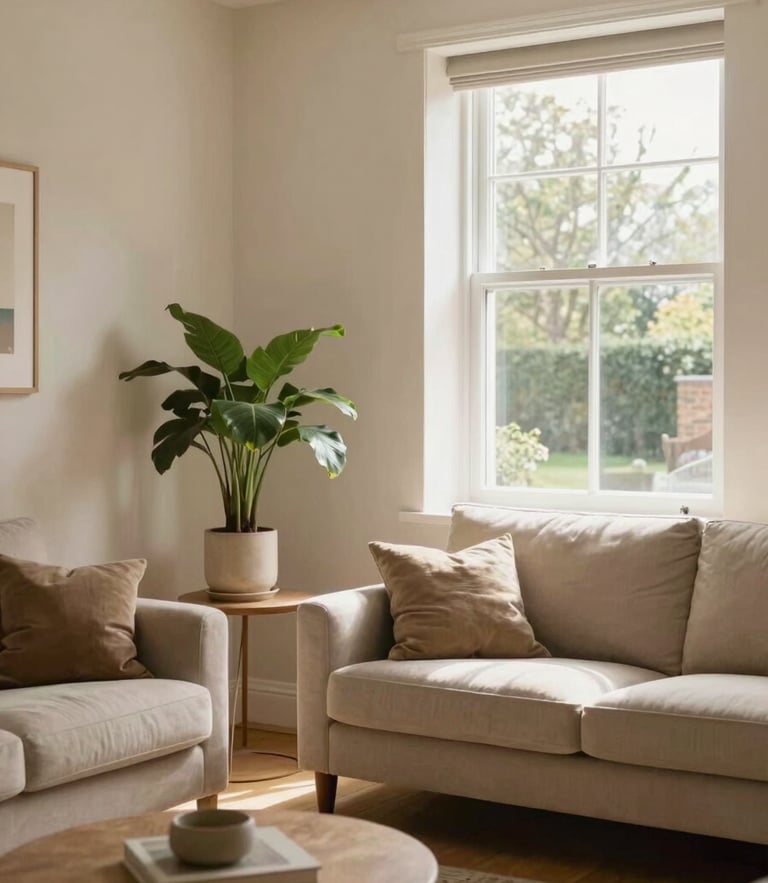 Bright, clean residential living room in Birmingham with soft natural daylight streaming through a large window, warm cream walls, a comfortable sofa, and a houseplant on a side table.