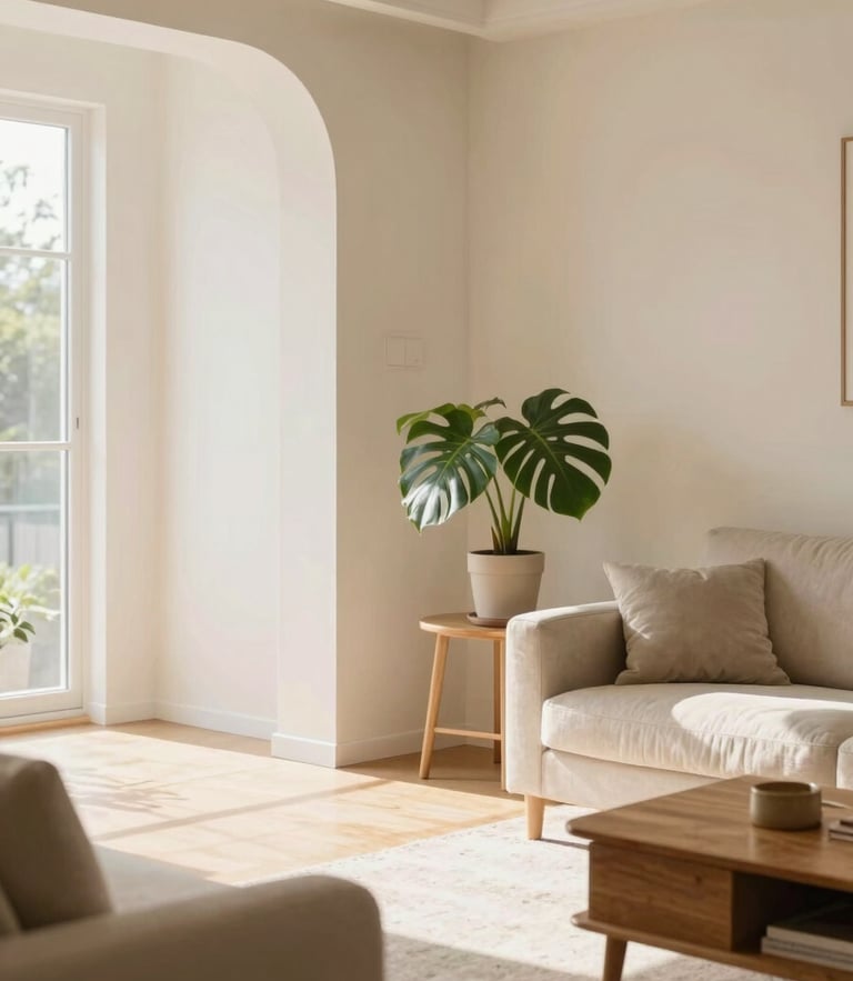 Bright, clean interior of a modern residential living room filled with natural daylight, soft cream walls, a comfortable sofa, and a green houseplant on a wooden side table, warm editorial style.