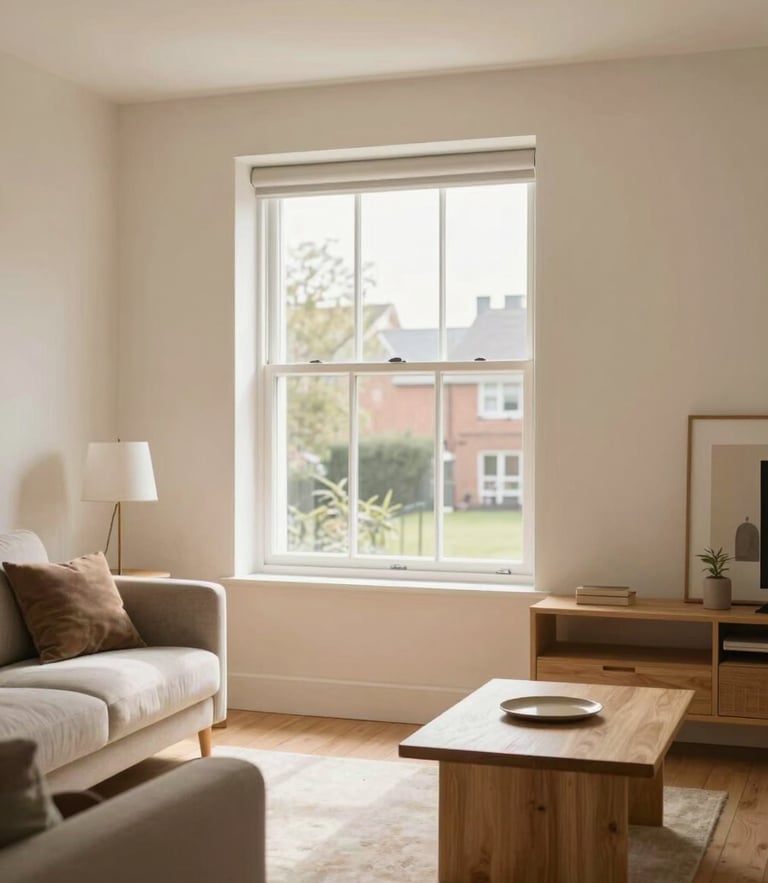 Bright, clean interior of a modern supported housing living room in Birmingham, soft daylight flooding through a wide window, warm cream walls, minimalist oak furniture