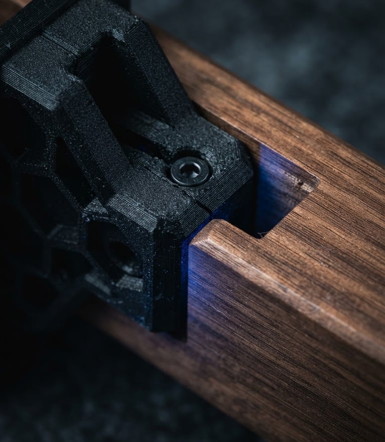 Extreme macro studio photograph of a matte black 3D-printed bracket interlocking with a solid walnut joint, moody directional lighting with a subtle blue LED glow, high contrast.