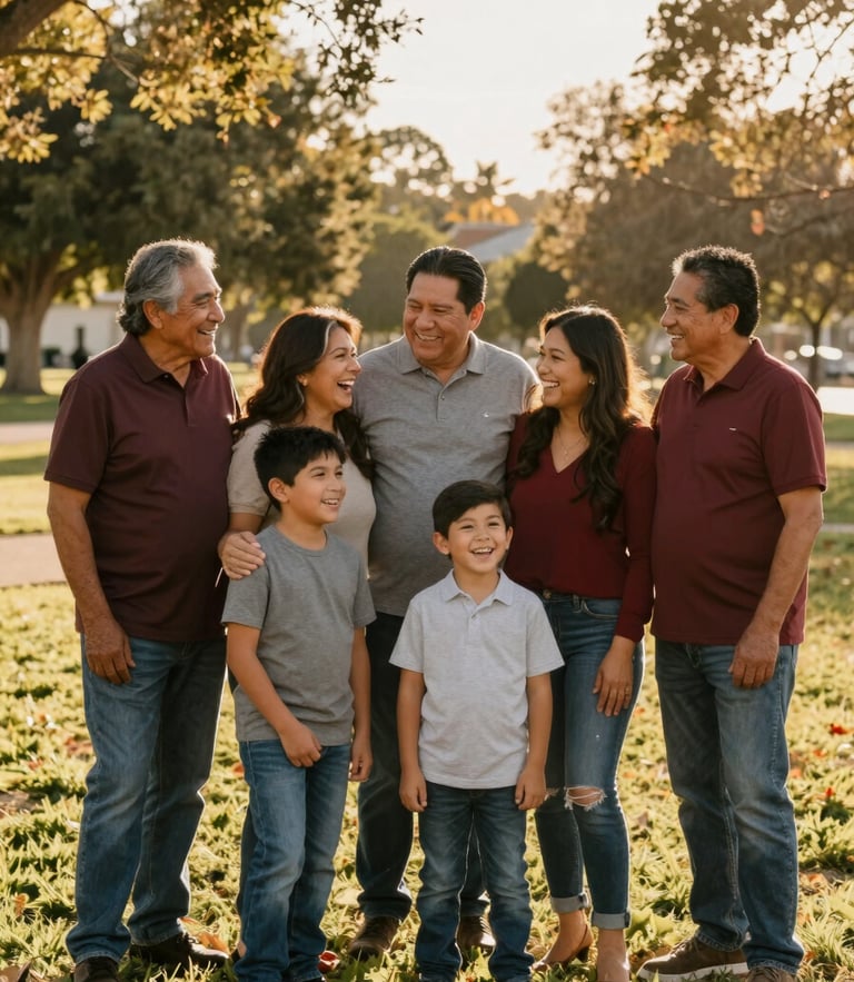 A warm, golden-hour portrait of a multigenerational Hispanic family laughing together in a California park, sun-drenched natural lighting, 35mm lens.
