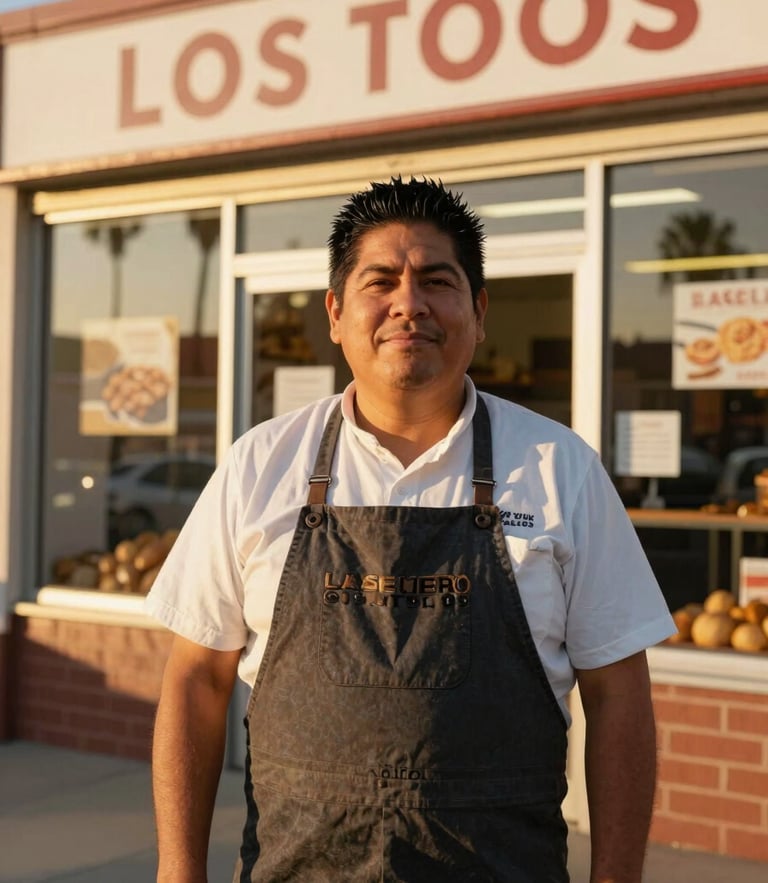 Portrait of a Hispanic bakery owner in Los Angeles, warm golden-hour California sunlight, standing proudly in front of her storefront, 35mm lens, authentic environmental shot
