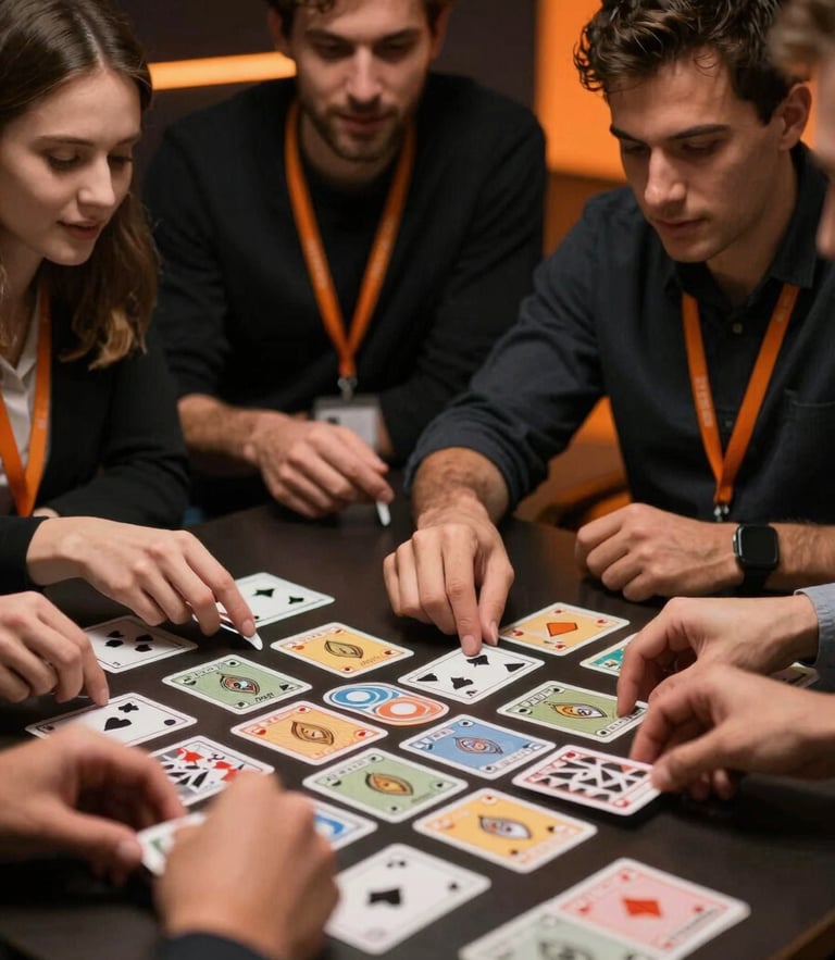 High-contrast dynamic corporate photography, team collaborating around a table playing a physical card game, warm orange accent lights, shallow depth of field, 35mm