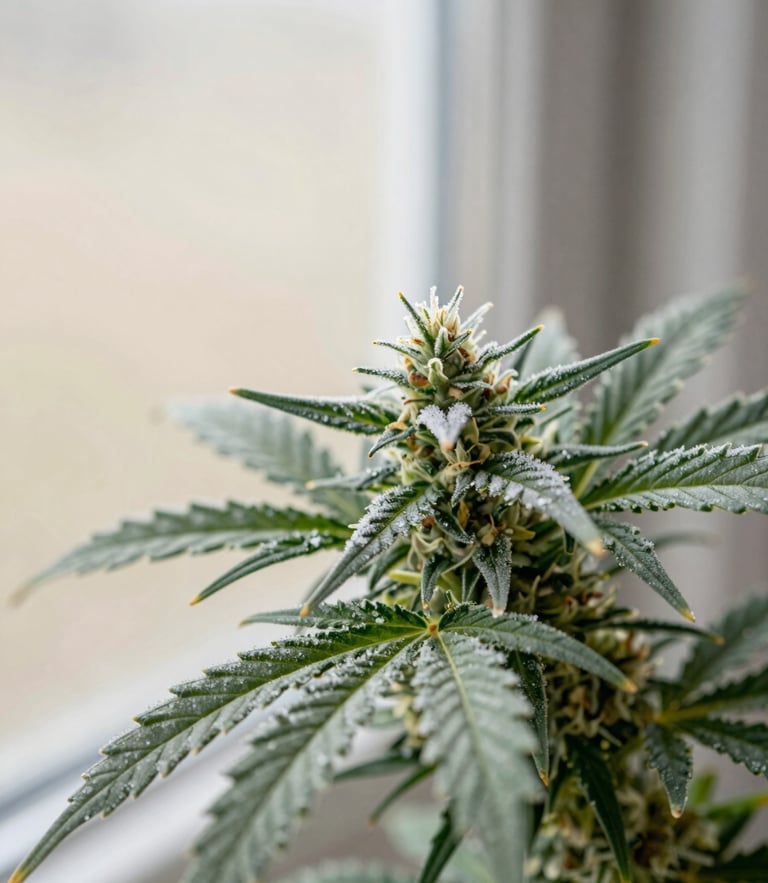 Macro shot of frosty cannabis trichomes on a clean sage leaf, soft natural window light, shallow depth of field