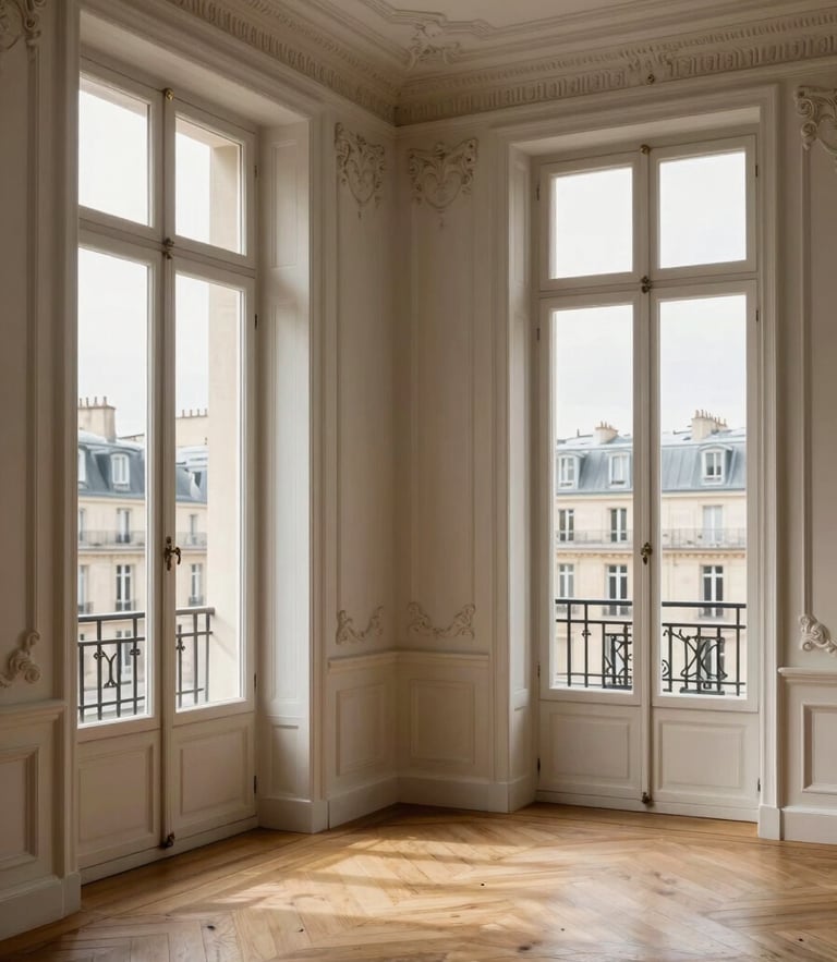 Architectural straight-on shot of a classic Parisian apartment interior, natural daylight streaming through tall windows, restored crown moldings, oak herringbone parquet floors, minimalist luxury aesthetic.