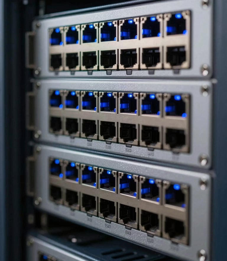 Macro shot of organized blue LED network ports on a server rack, cool ambient lighting, shallow depth of field, sharp focus.