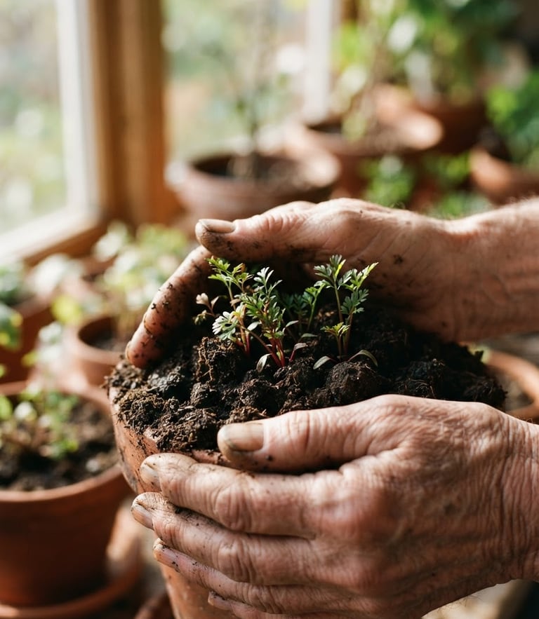 Close-up of weathered hands holding dark rich soil with heirloom carrot sprouts, soft morning window light, shallow depth of field, 35mm
