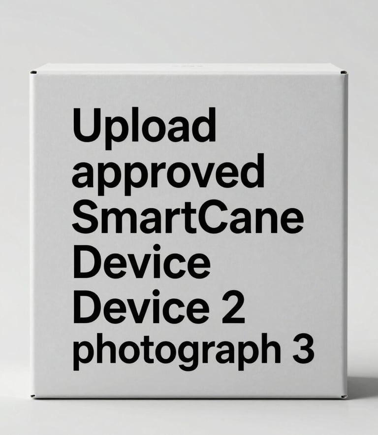 A neutral gray studio placeholder box with high-contrast text reading 'Upload approved SmartCane Device 2 photograph' in clean sans-serif typography, sharp focus, high-key lighting.