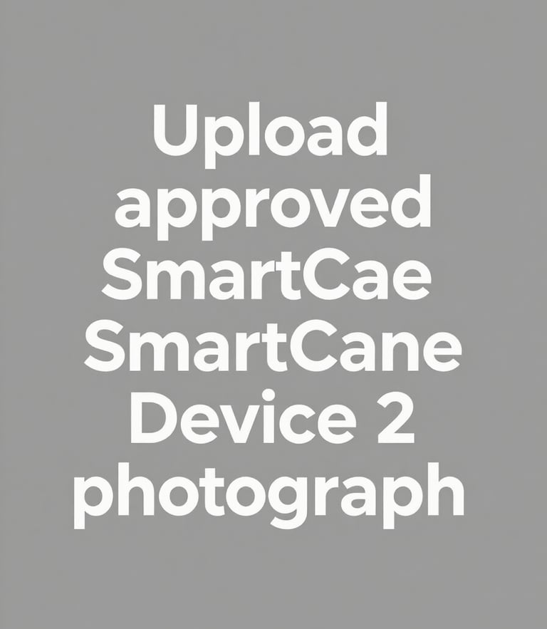 High-contrast neutral gray placeholder graphic with clear text reading 'Upload approved SmartCane Device 2 photograph' in bold white sans-serif letters, centered composition, high-key studio lighting.