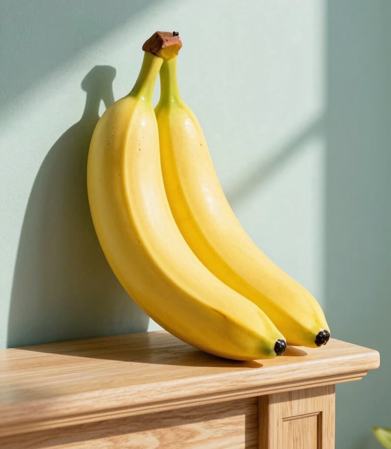 A giant ceramic banana sculpture sitting proudly on a stylish wooden mantelpiece, bright direct sunlight casting sharp playful shadows on a colorful wall