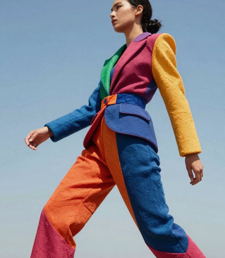 Vibrant editorial fashion photography, bright natural sunlight, a model in dynamic motion wearing a bold, sculptural custom outfit with rich textures, high contrast, 35mm lens.