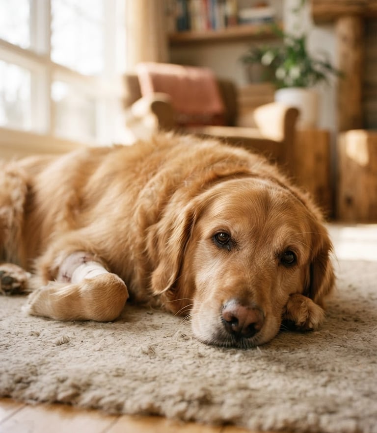 Intimate eye-level portrait of a recovering golden retriever resting in a sunlit living room, soft natural window light, warm paper-like tones, shallow depth of field