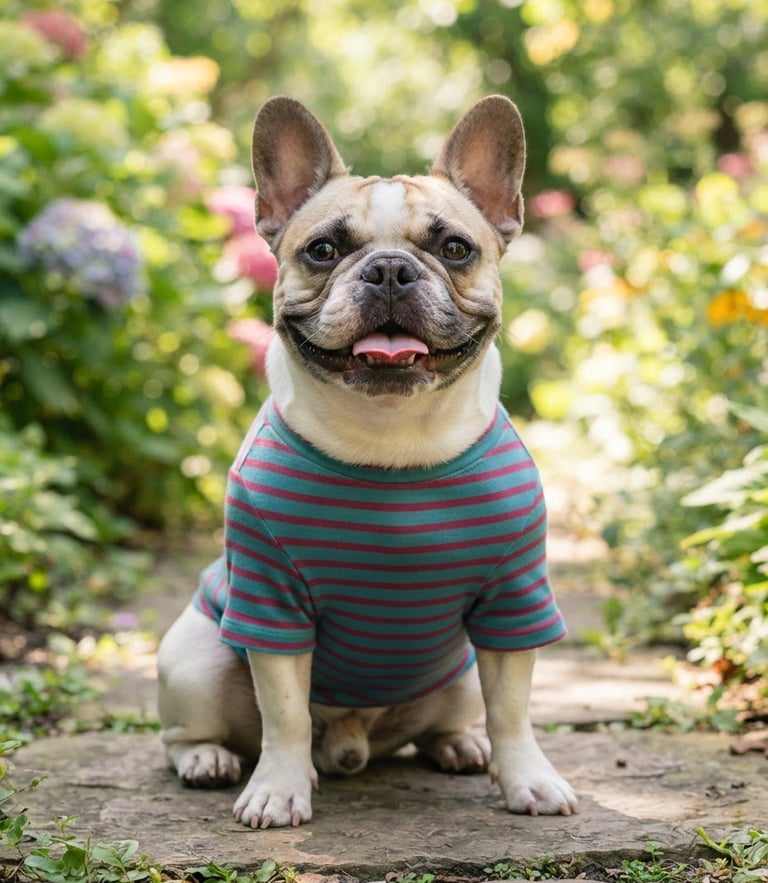 A happy French Bulldog wearing a perfectly fitted colorful teal and berry striped cotton shirt, sitting outdoors in soft natural daylight, eye-level shot