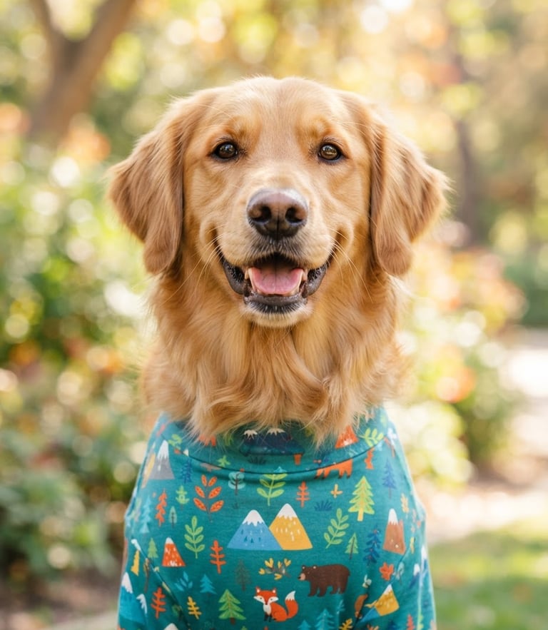 Bright eye-level portrait of a happy golden retriever wearing a colorful custom-fit teal shirt, soft natural daylight, warm inviting background.