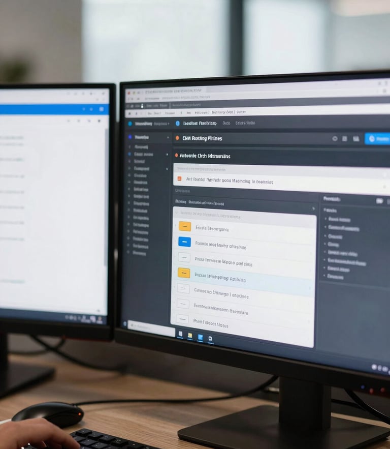 A close-up high-contrast shot of a clean dual-monitor setup showing active CRM routing pipelines and automated email marketing campaigns, cool bright office light