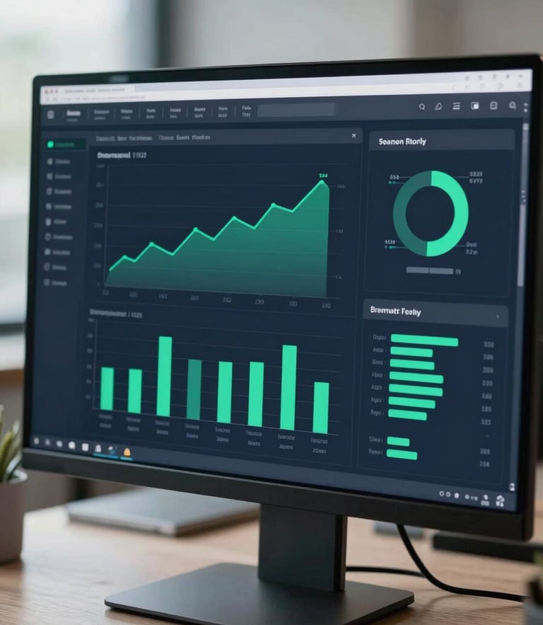 Crisp editorial photography of a high-resolution analytics dashboard on a monitor, shallow depth of field, cool natural office light, deep navy and emerald tones, 35mm lens