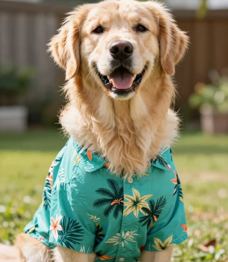 A joyful golden retriever wearing a bright teal tropical shirt, sitting happily in a sunny backyard, soft natural lighting, eye-level portrait, shallow depth of field