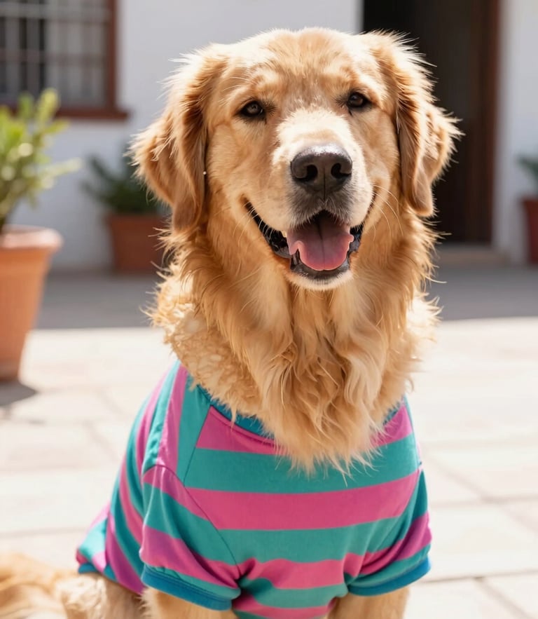 Warm, bright eye-level portrait of a happy golden retriever wearing a colorful handmade teal and magenta striped shirt, sitting in a sunny Mexican patio with soft daylight, 35mm