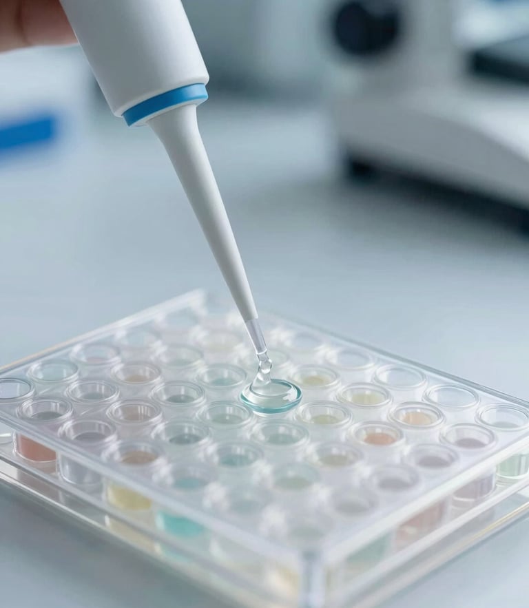 Macro close-up of clinical laboratory pipette dispensing liquid into a multi-well plate, bright cool daylight, sterile blue and slate tones.