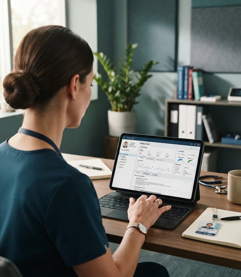 An over-the-shoulder view of a clinical care manager in a modern, soft-lit medical office typing patient notes into a clean EMR interface on a tablet, professional and secure.