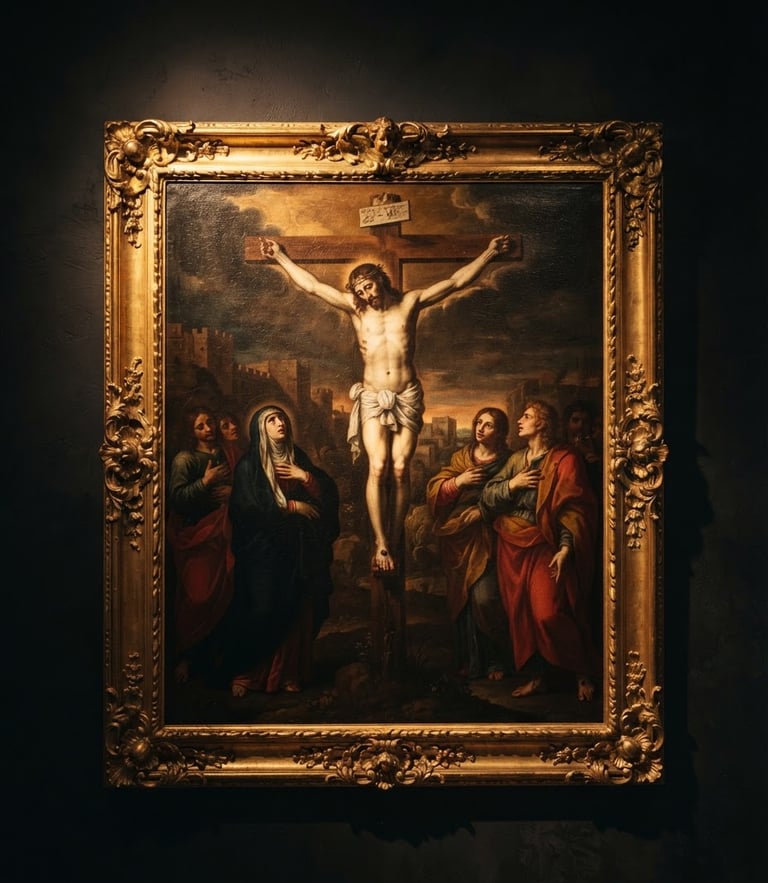 Straight-on fine-art photography of a large gold-gilded Christian canvas hanging on a dark charcoal gallery wall, dramatic spotlighting, warm chiaroscuro casting deep shadows