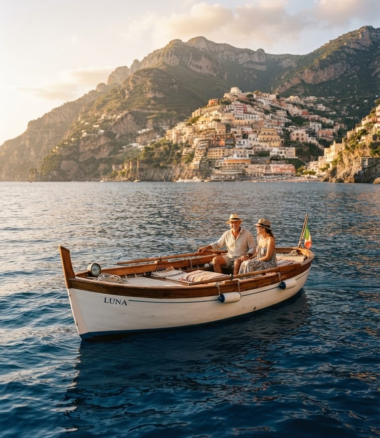 Warm editorial photography of a classic wooden gozzo boat floating on deep blue water near Positano cliffs, warm golden hour sunlight, medium shot