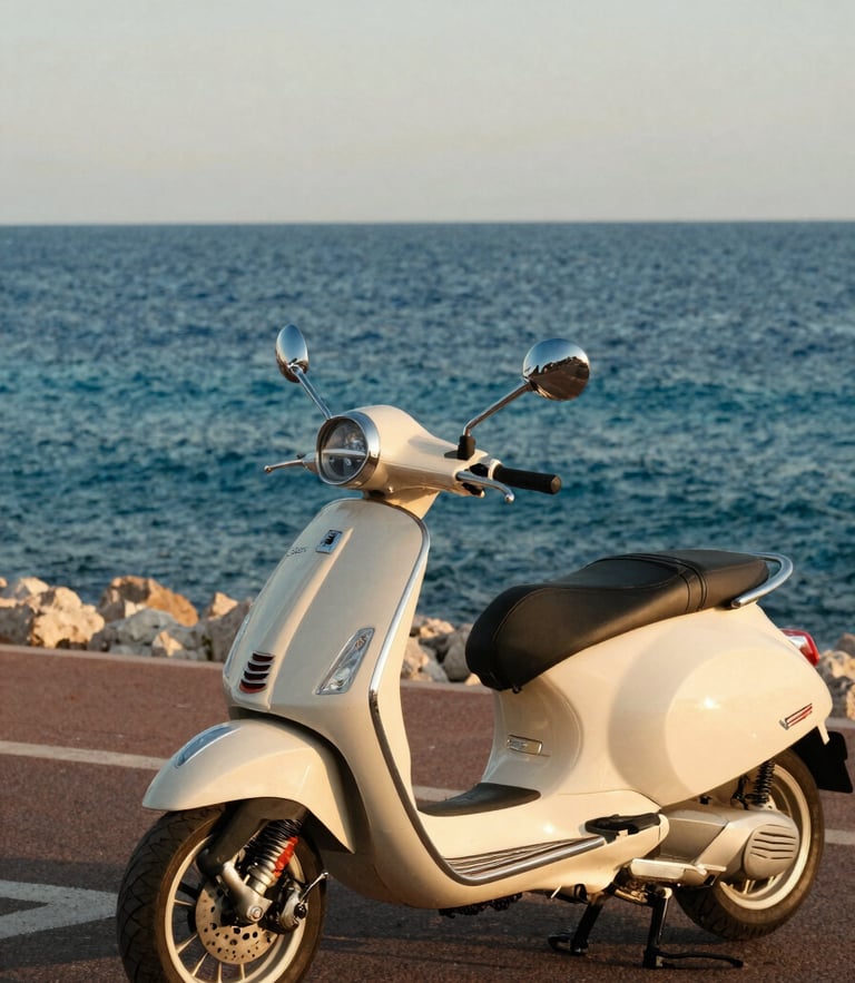 A pristine cream-colored Vespa-style scooter parked on the Promenade des Anglais in Nice, overlooking the deep blue Mediterranean sea at golden hour, warm editorial photography, 35mm