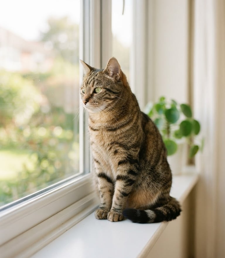 A calm, healthy tabby cat sitting peacefully by a sunlit window, soft warm natural light, clinical clean home environment, shallow depth of field, 35mm