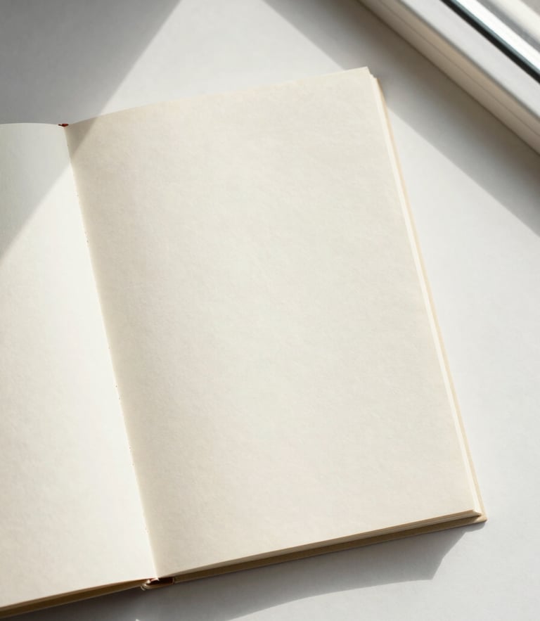 Overhead flat-lay of a physical book resting on textured cream paper, soft natural window light, gentle shadows, minimalist editorial photography