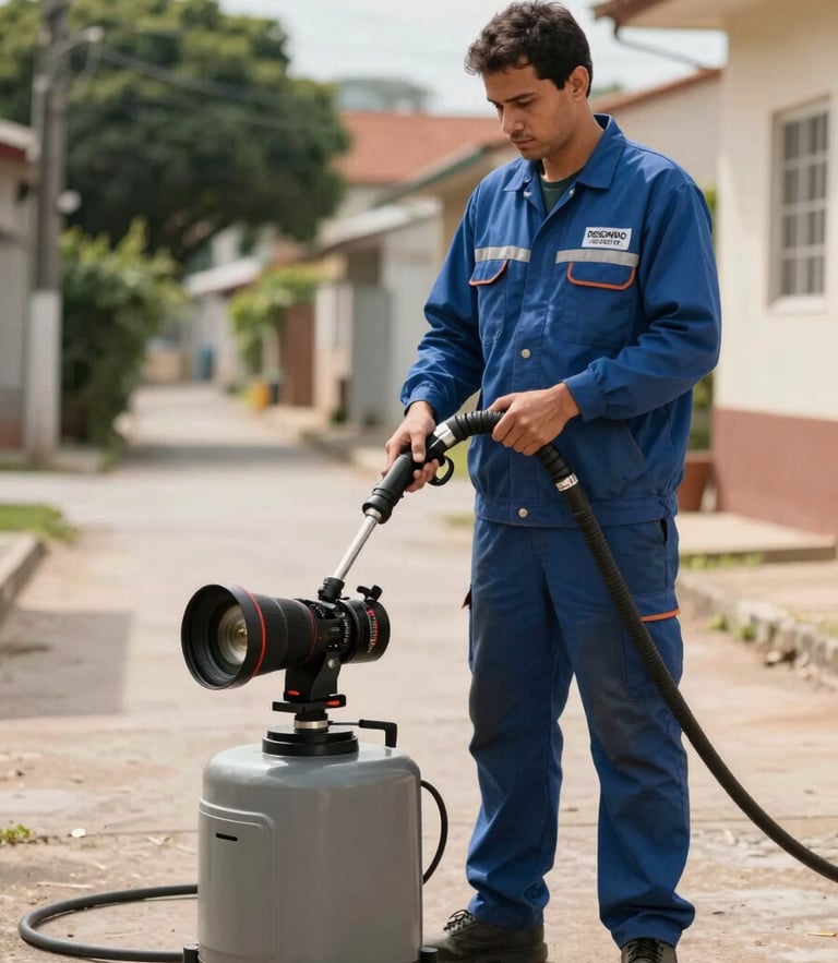 Foto em plano médio de um técnico especializado uniformizado da Desentupidora Campo Limpo operando equipamento de hidrojateamento de alta pressão em uma calçada residencial durante o dia, iluminação natural e nítida.