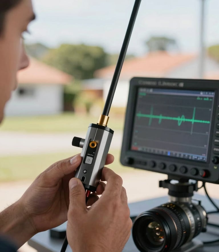 Close-up of a professional technician's hands holding a modern geophone device, looking at a digital screen showing signal waves, bright daylight, Campo Limpo neighborhood background.