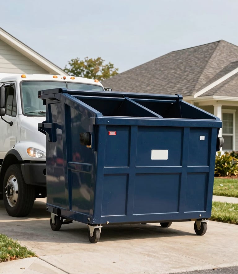 Eye-level medium shot of a heavy-duty delivery truck placing a clean navy roll-off dumpster on a residential driveway, bright daylight.