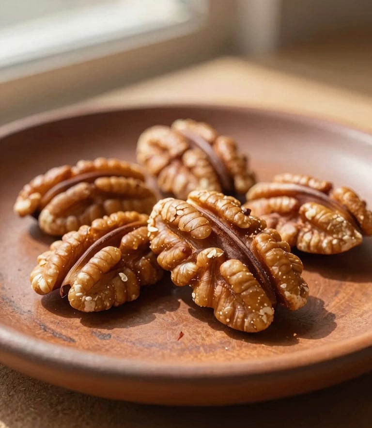 Macro shot of golden raw pecan halves on a rustic clay plate, warm morning window light casting soft shadows, rich earth tones, shallow depth of field, 35mm