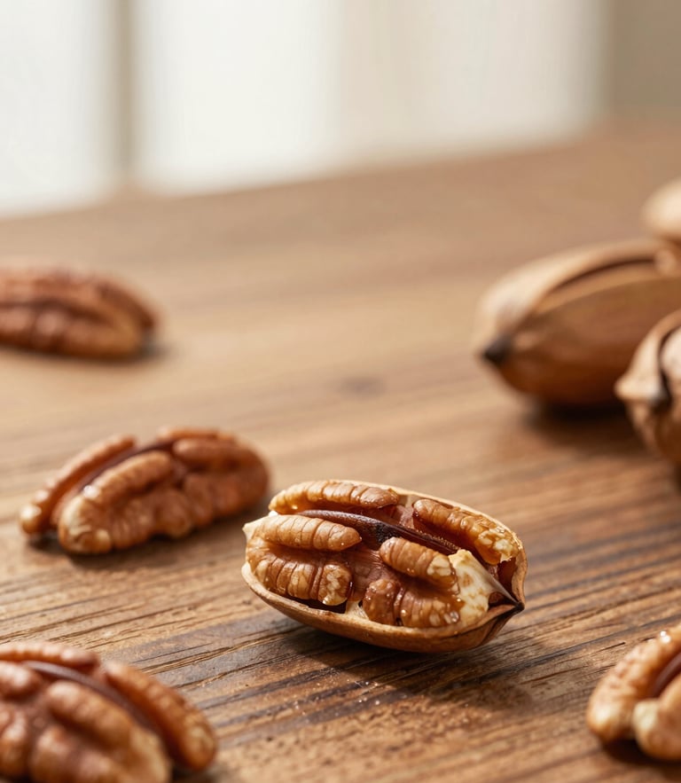 Warm editorial food photography, close-up of raw golden pecan halves on a rustic wooden table, soft morning window light, 35mm