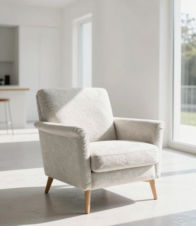 Bright editorial photography of a meticulously wrapped mid-century modern armchair in a spacious white villa, morning sunlight casting soft architectural shadows